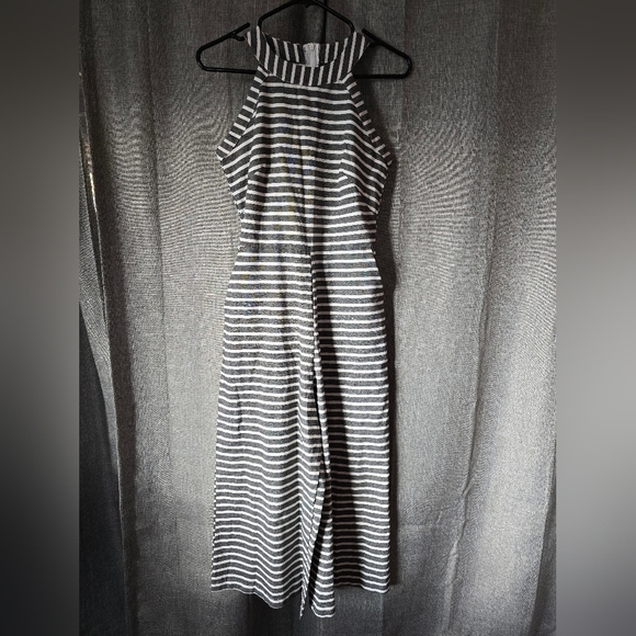 Striped Halter Neck Jumpsuit Grey And White Size Small Tie Waist - Picture 2 of 5